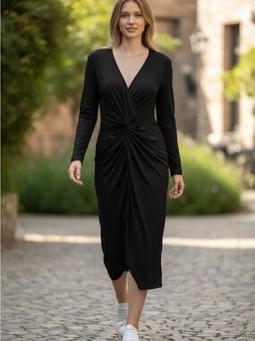 Shibever Elegant Black Twist-Front Midi Dress with Long Sleeves NWT